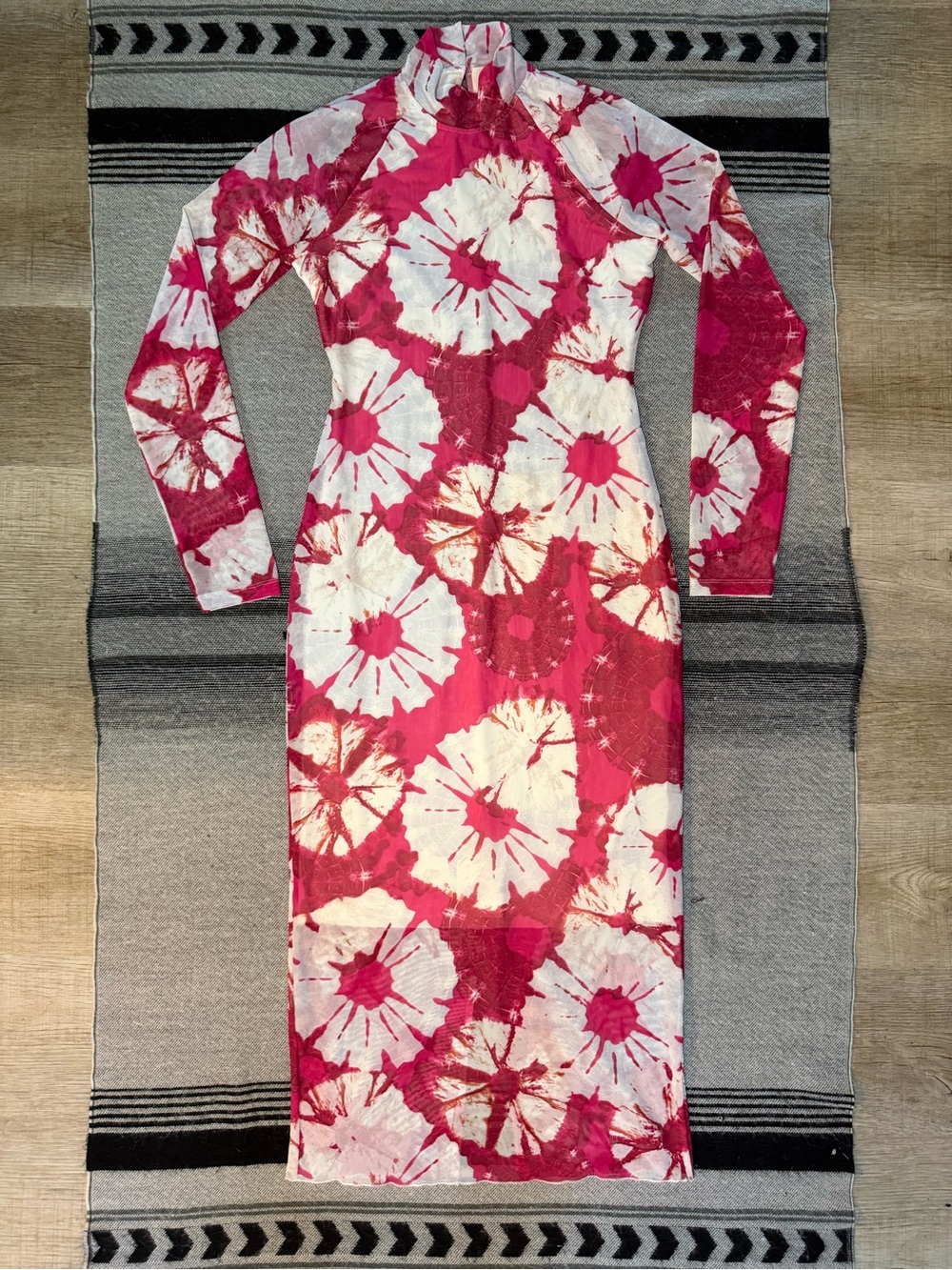 Anthropologie Pink and White Long Sleeve Midi Dress